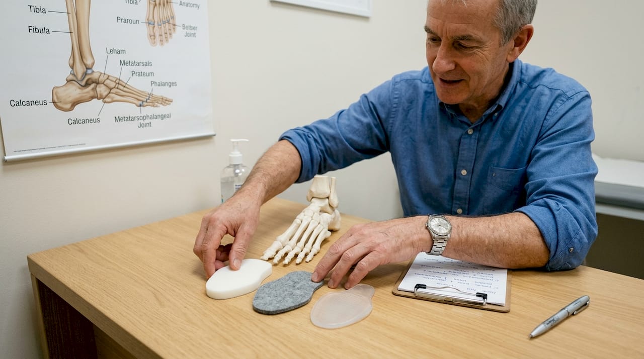 Podiatrist demonstrating metatarsal pad options