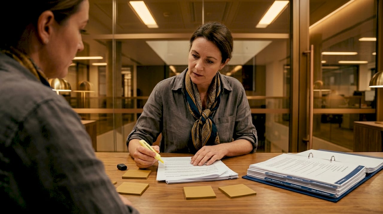 Manager highlighting contract boilerplate in meeting room
