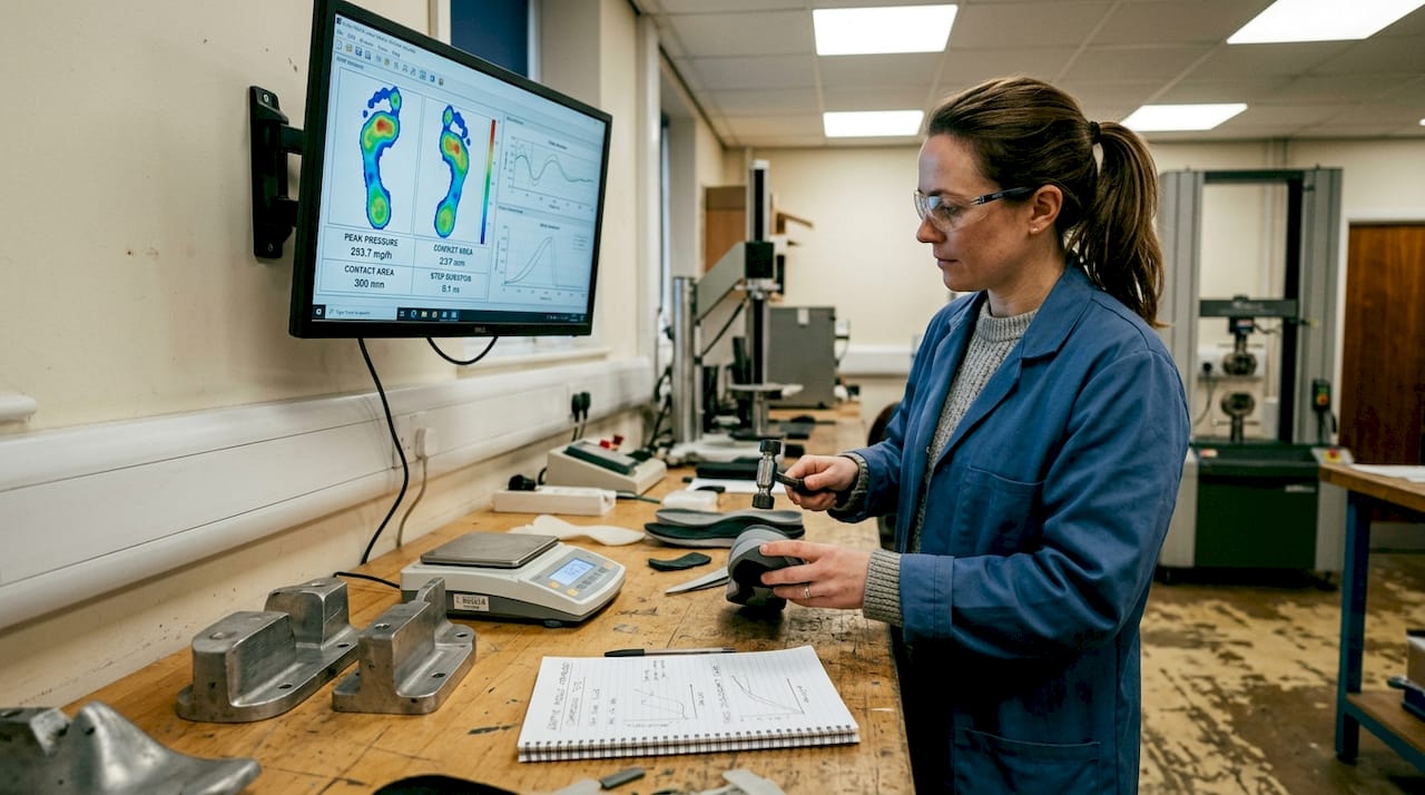 Scientist testing adaptive shoe midsole in lab