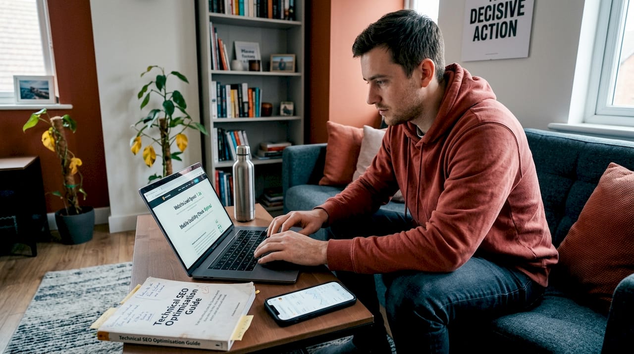 Man checking website setup in casual workspace