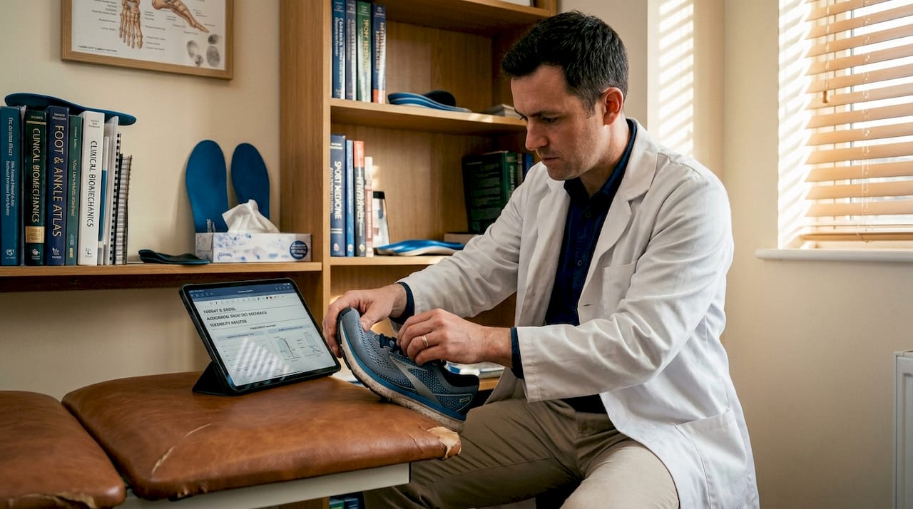 Podiatrist testing shoe toe spring flexibility