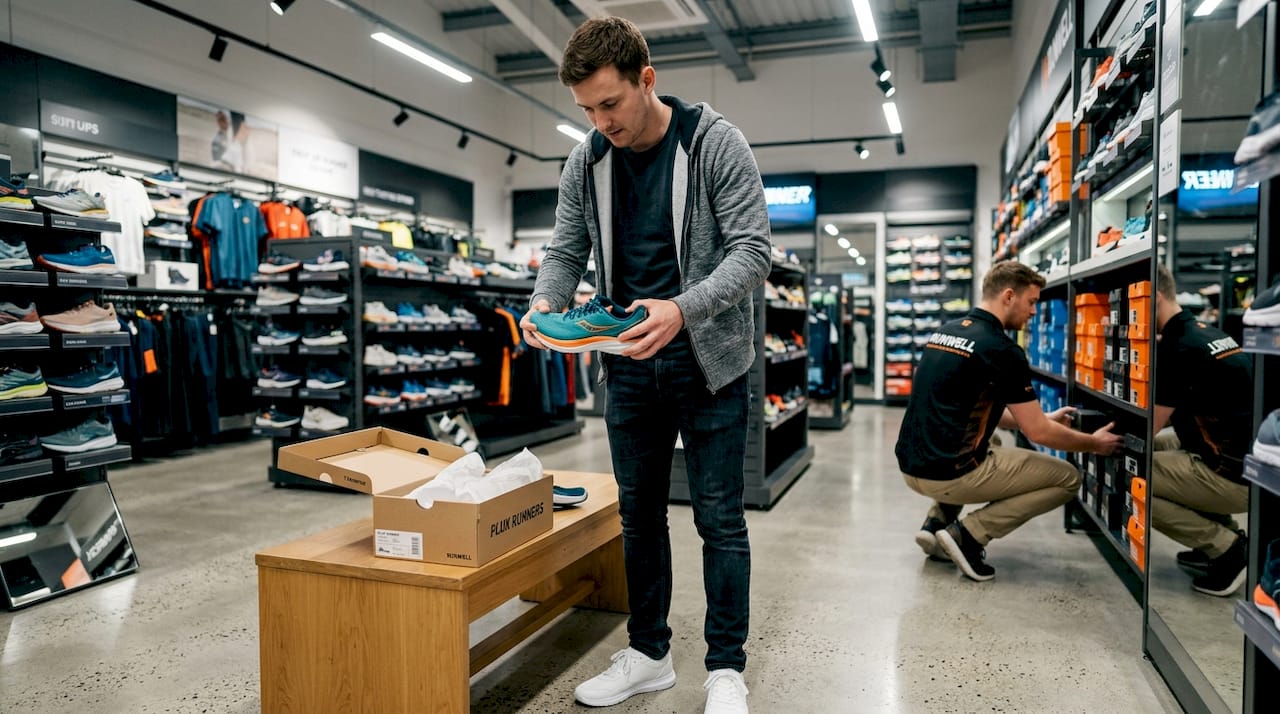 Man tests flexibility of shoe in store