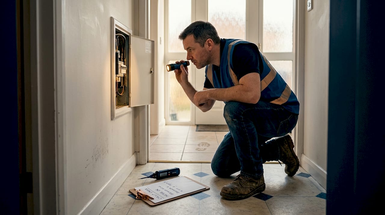Inspector checks wiring in hallway panel