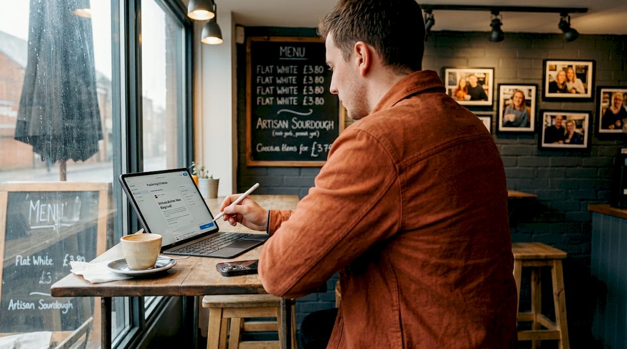 Man managing business social media café