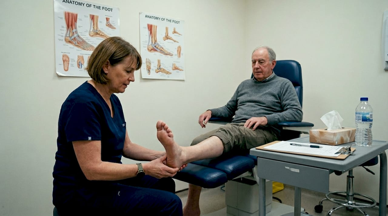 Podiatrist examines patient’s foot in clinic