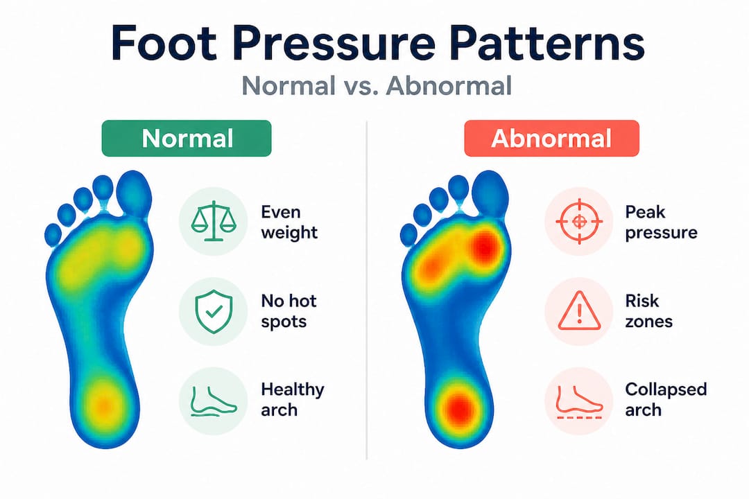 Infographic comparing normal and abnormal foot pressure patterns