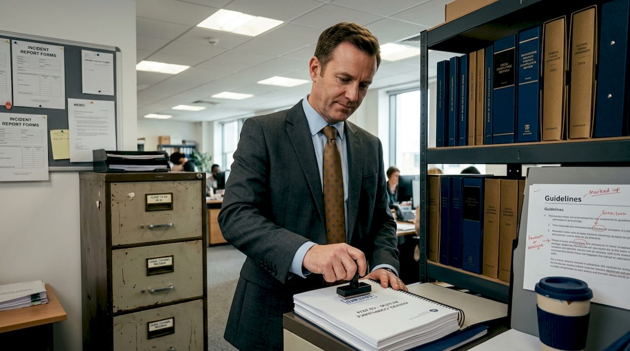 Manager stamping compliance paperwork in office
