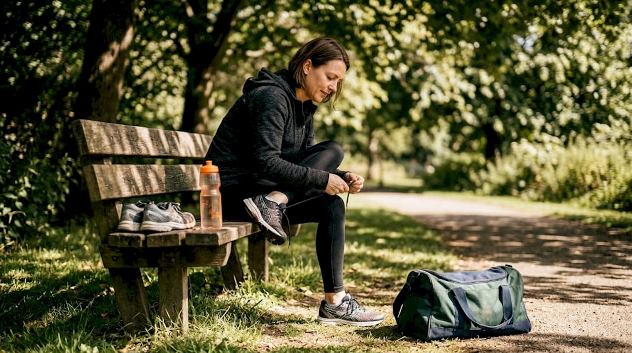 Woman trying on athletic shoes outdoors