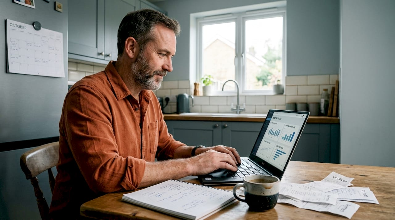 Man tracking digital marketing at kitchen table