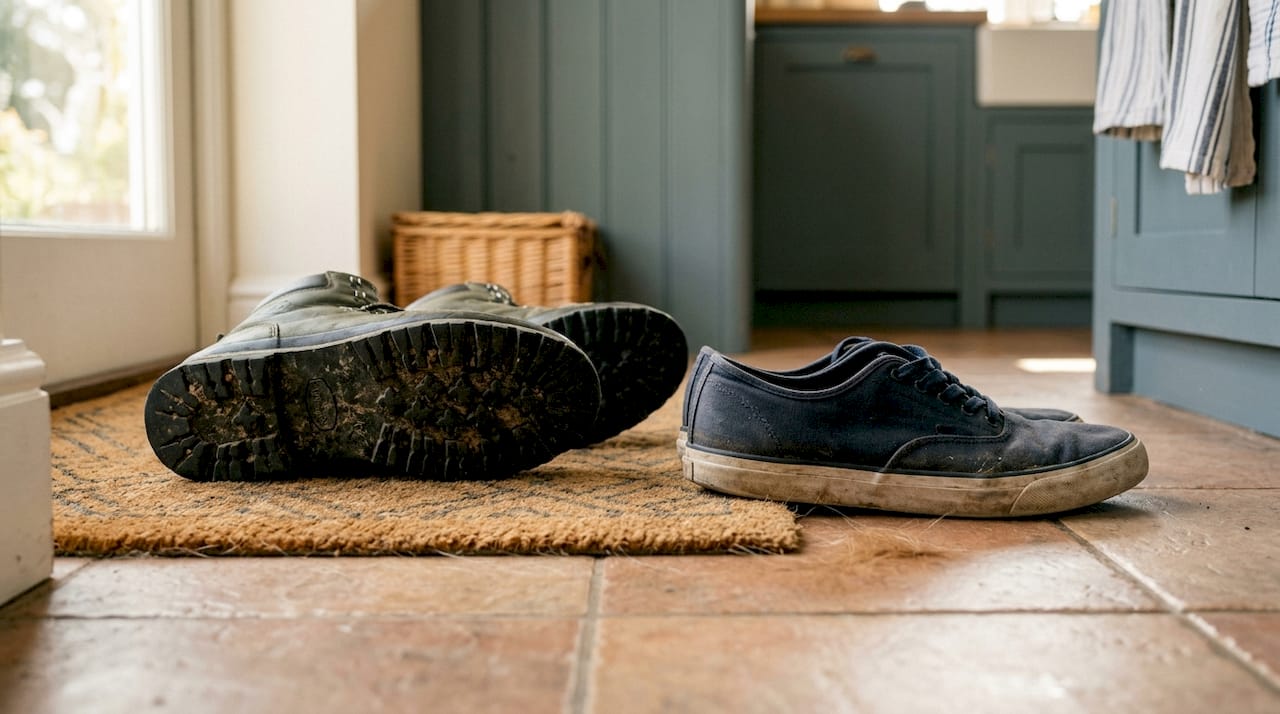 Close-up of non-slip shoe soles by kitchen floor