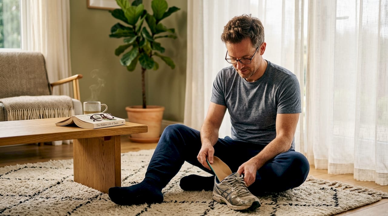 Man inserting insole into athletic shoe