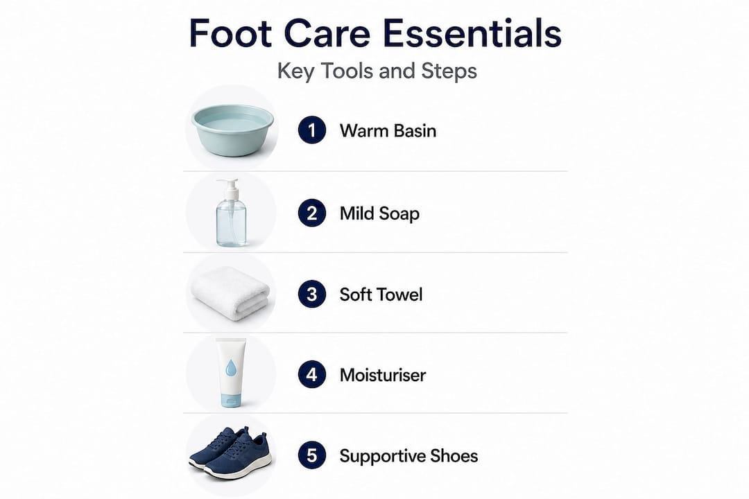Infographic showing essential foot care steps and tools