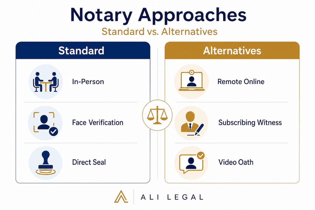 Infographic comparing standard and alternative notary approaches