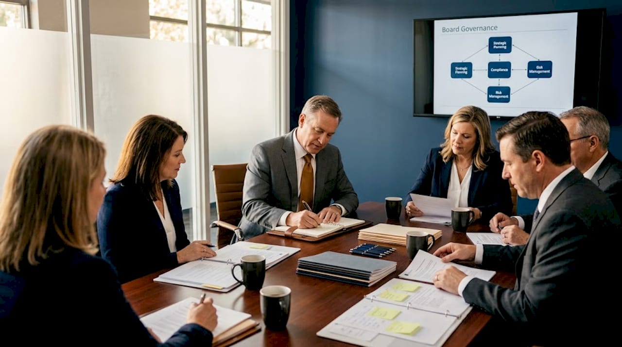 Directors discussing corporate governance framework