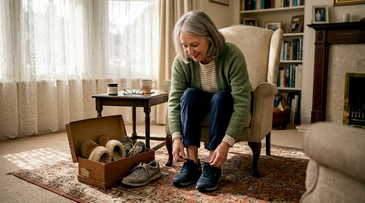 Woman ties supportive shoes in sunny foyer