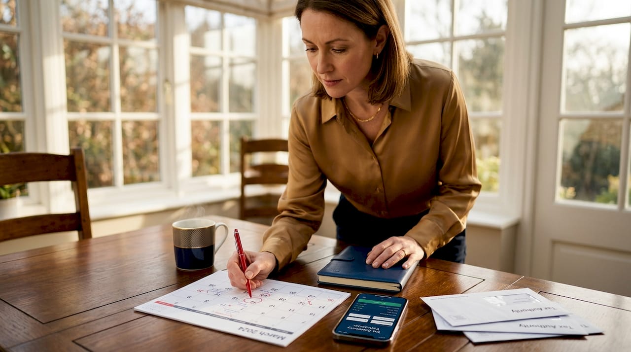 Woman tracking residency days on kitchen calendar