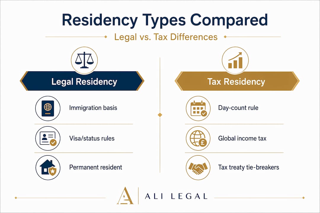 Infographic comparing legal and tax residency types