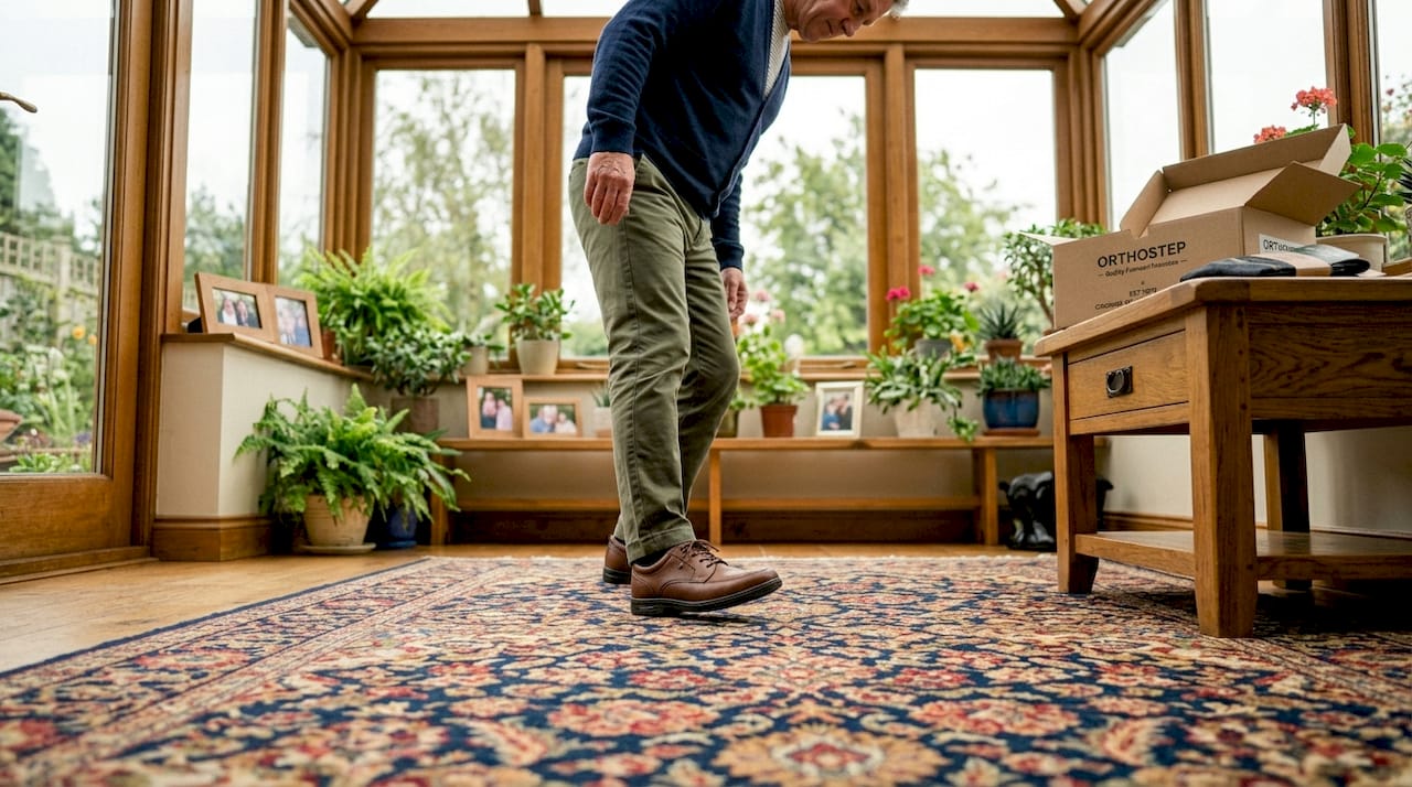 Trying orthopedic shoes in living room