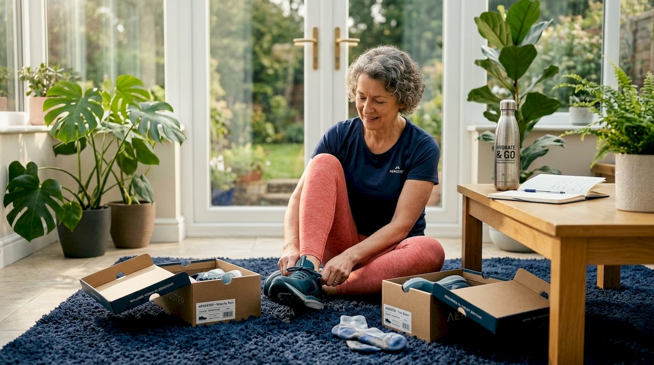 Woman sitting and trying EVA-cushioned shoes at home