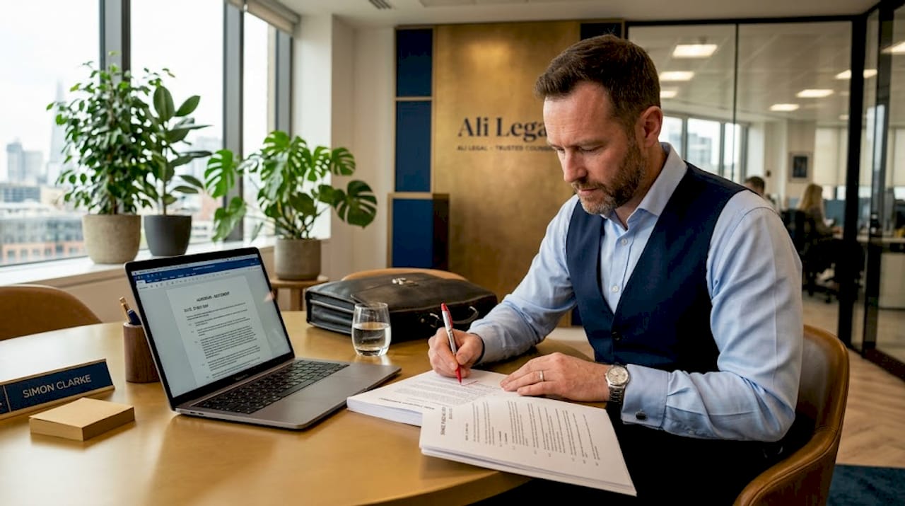 Solicitor marking up contract at office table