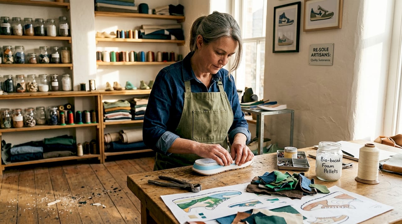 Woman assembling sneakers in studio with eco materials