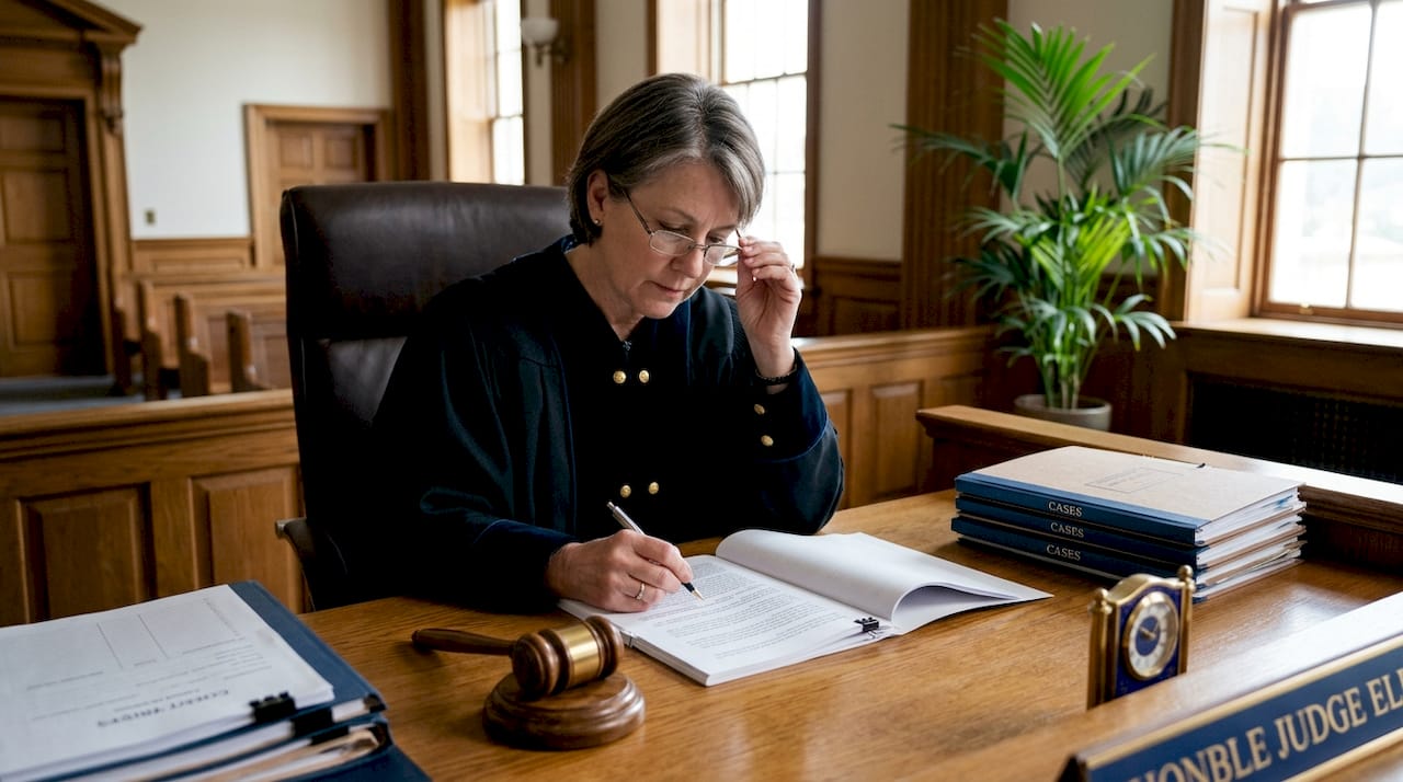 Judge reading enforcement brief at courthouse desk