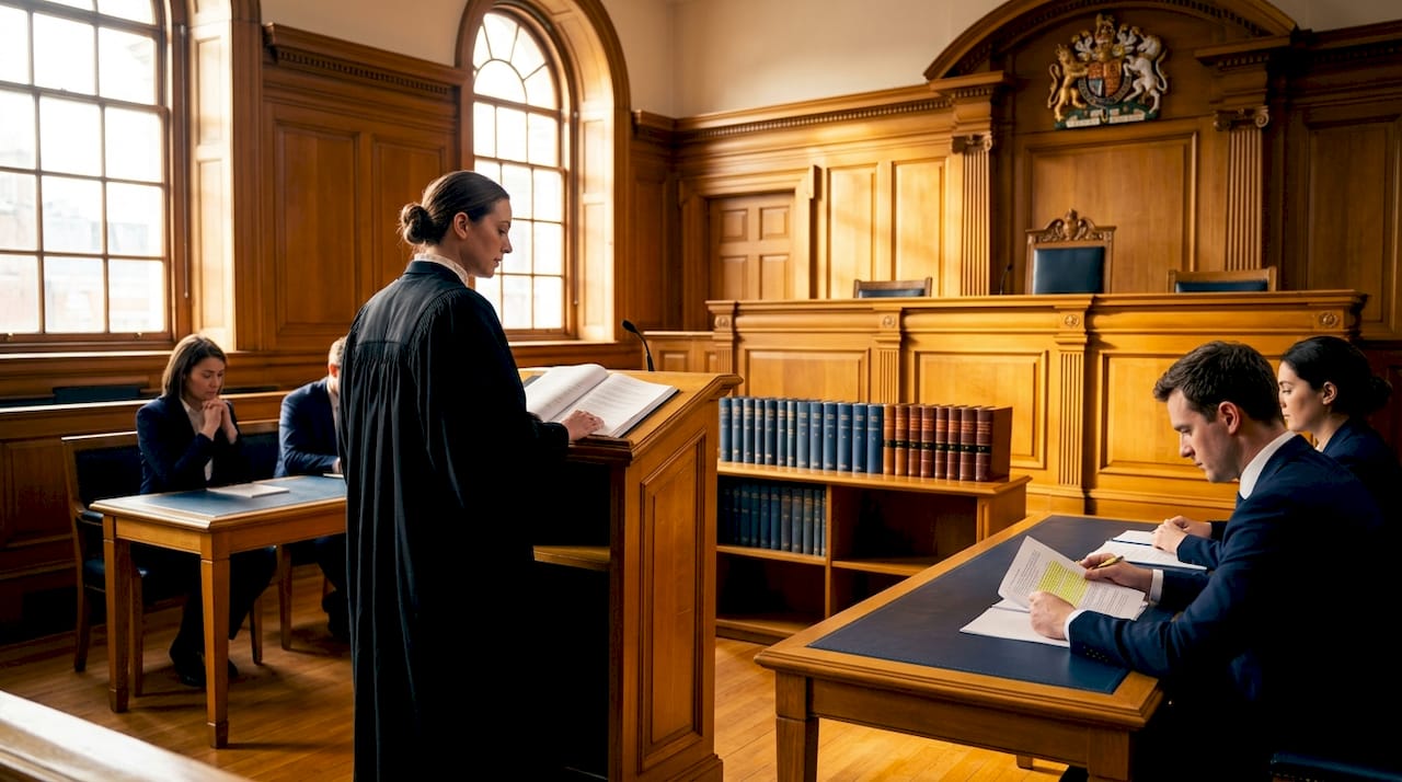 Barrister presenting injunction case in courtroom