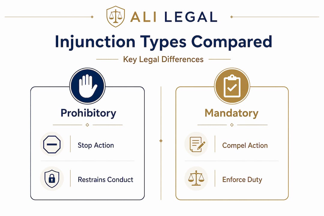 Infographic comparing prohibitory and mandatory injunctions