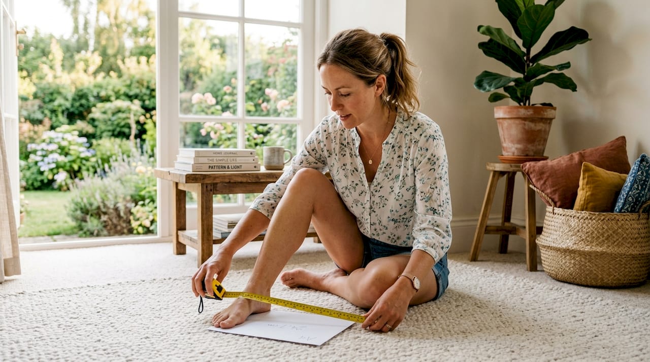 Woman measuring foot for shoe fit at home
