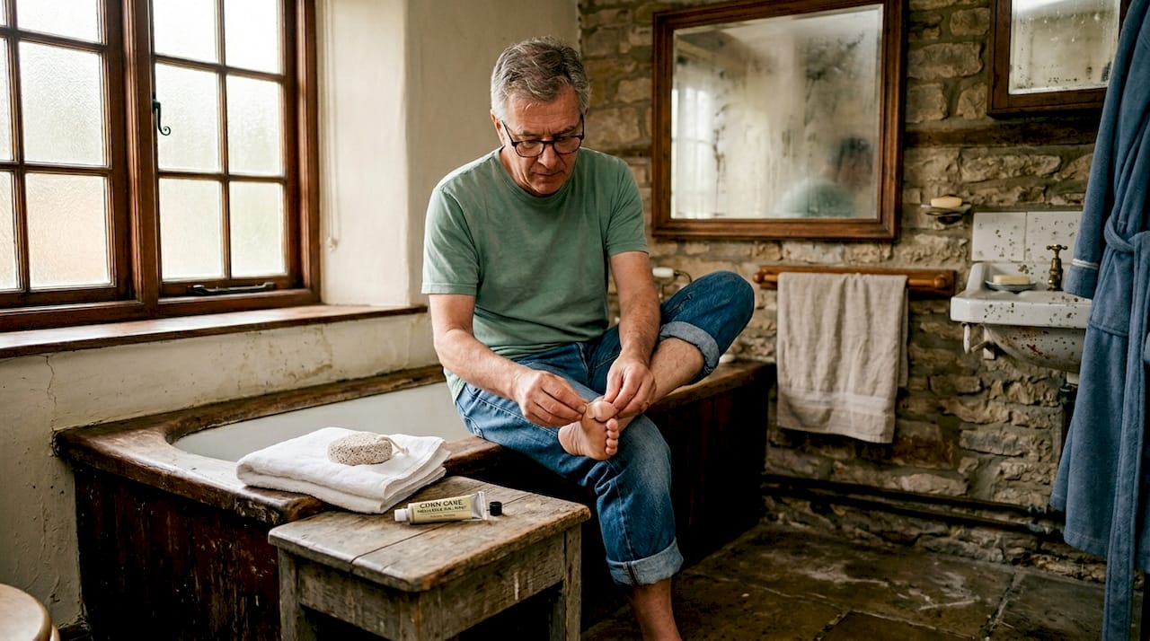 Man applying foot care treatment in bathroom