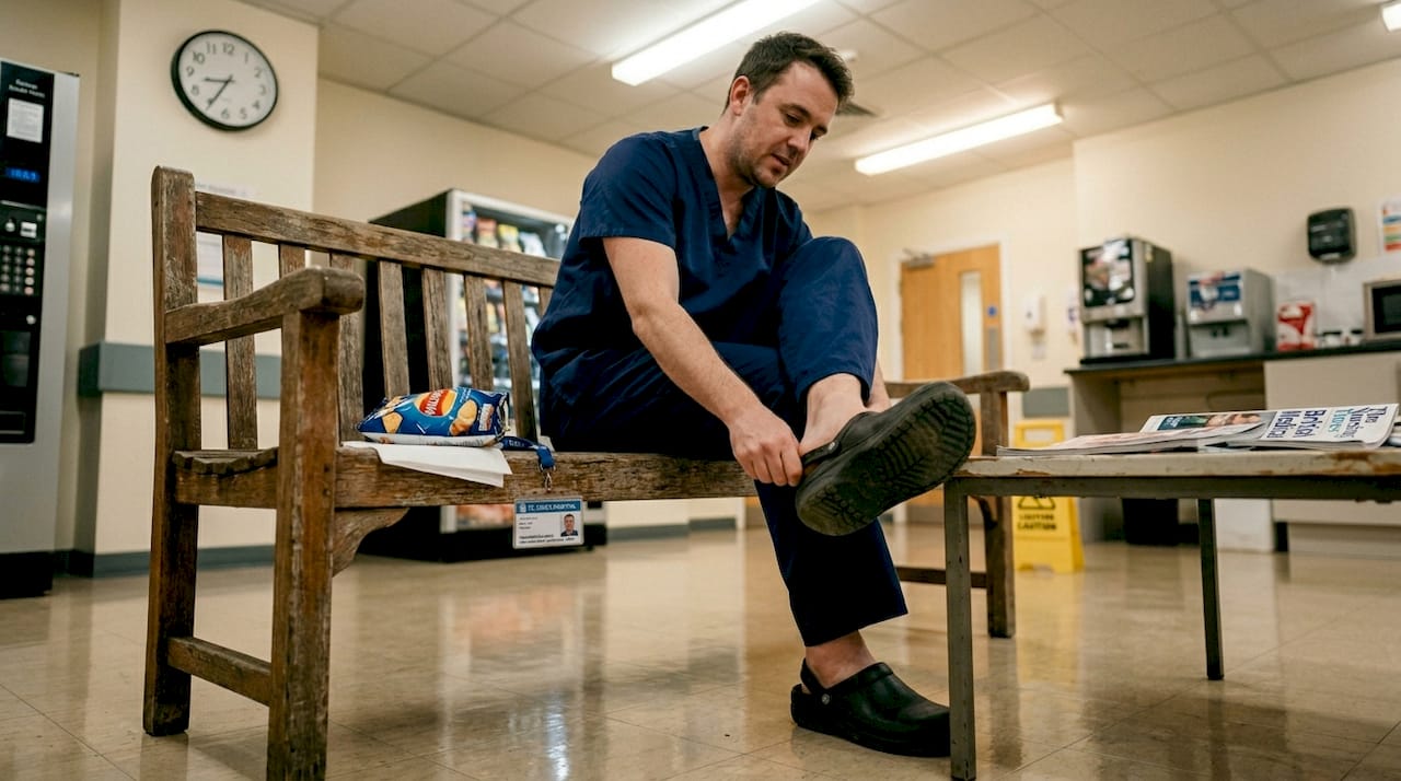 Nurse removing clogs in hospital break area