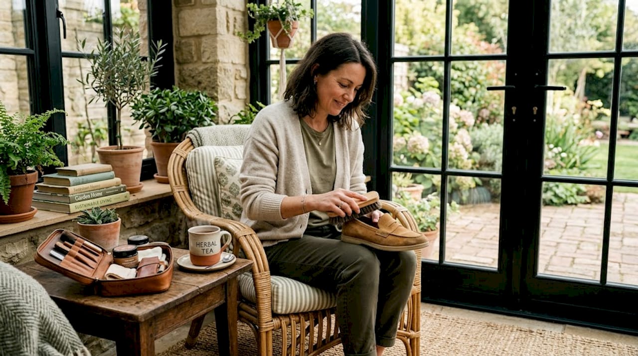 Woman cares for suede leather shoes at home