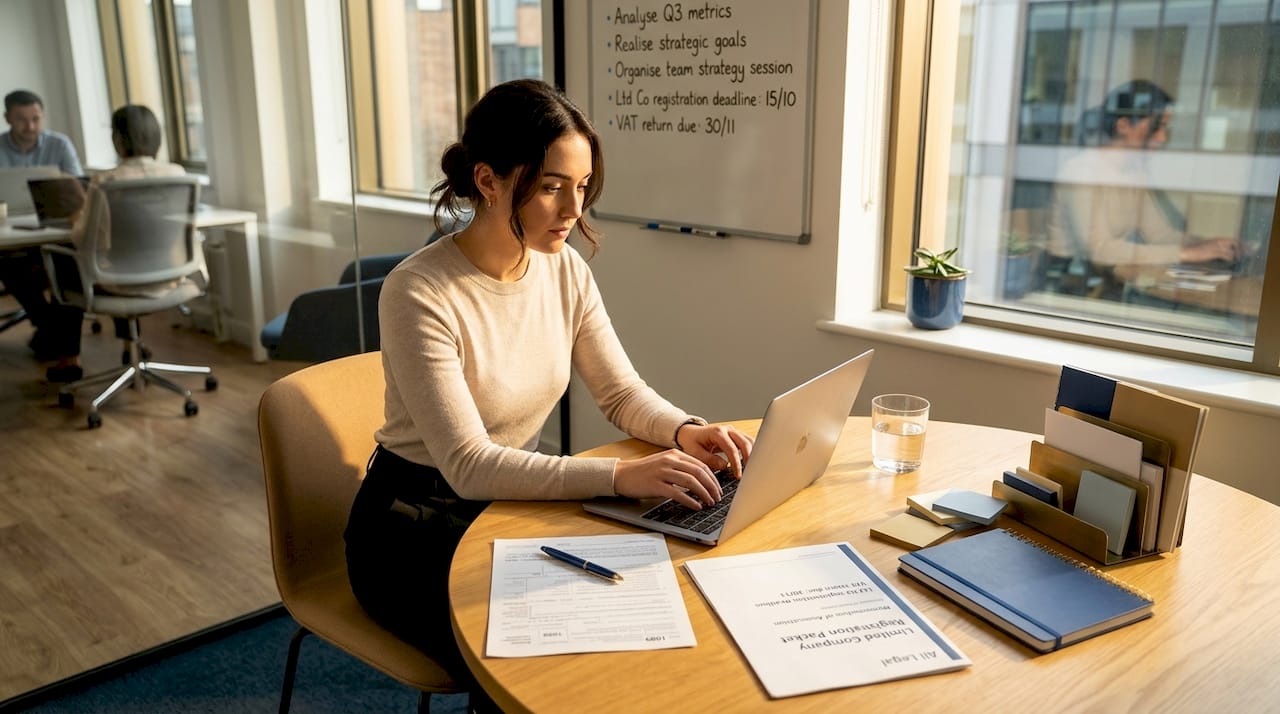 Entrepreneur reviews documents at dining table