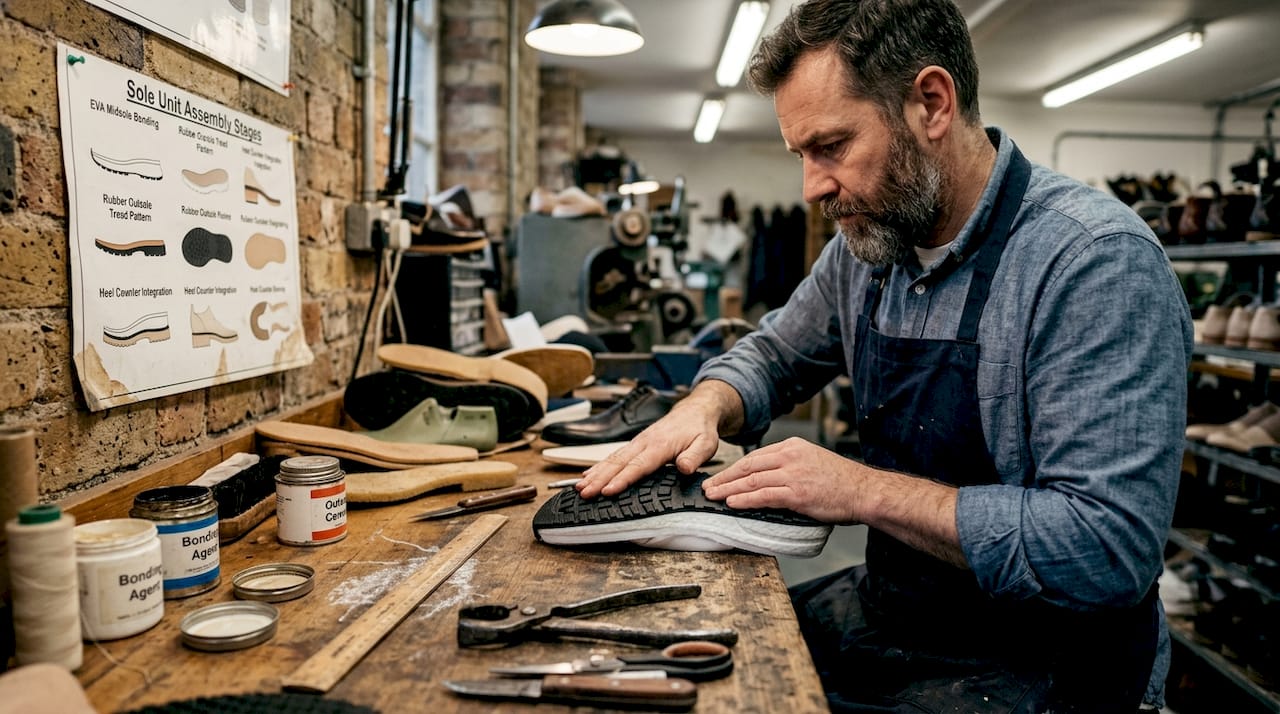 Craftsperson assembling shoe sole layers