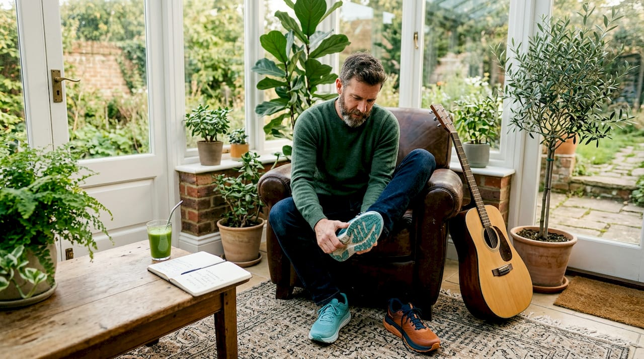 Man compares running shoes at home