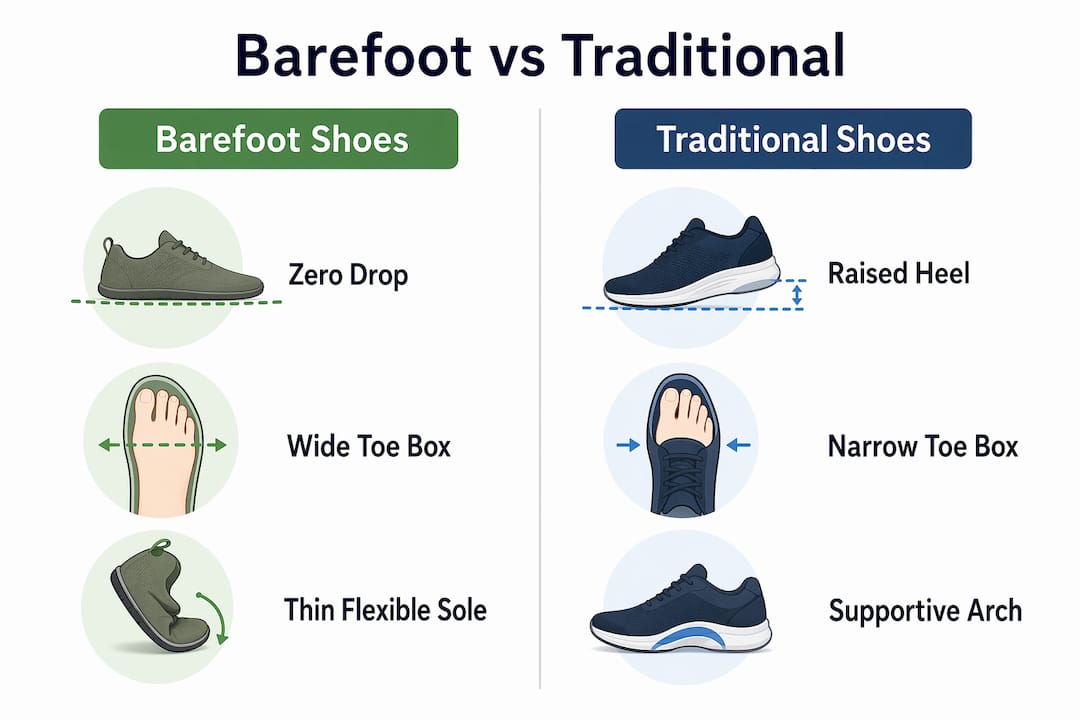 Infographic comparing barefoot and traditional shoes