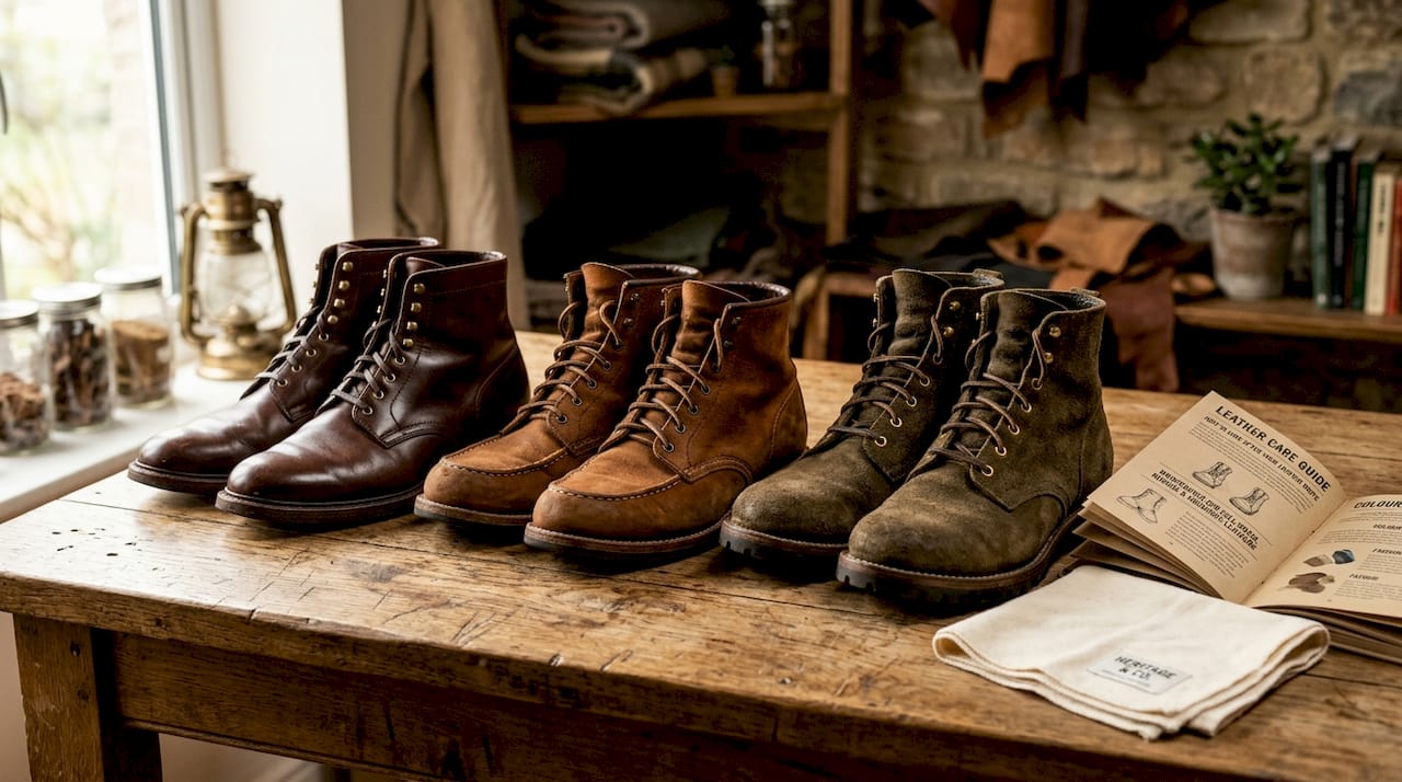 Full-grain, nubuck, and roughout leather boots comparison
