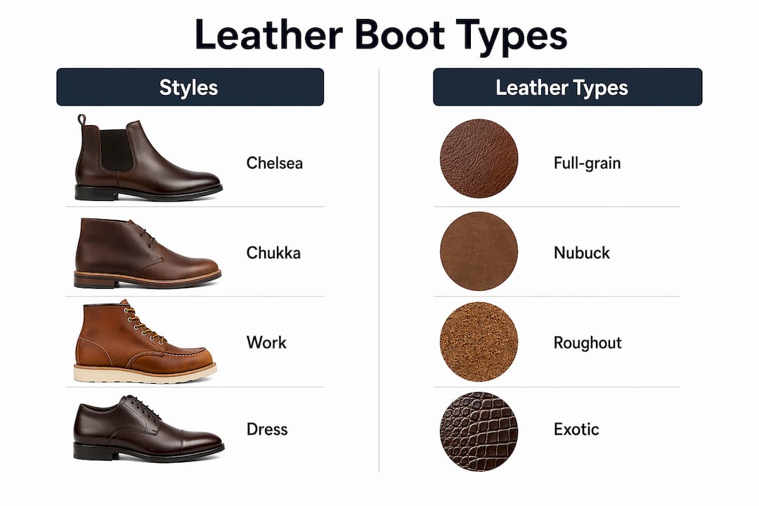 Infographic comparing leather boot styles and leather types