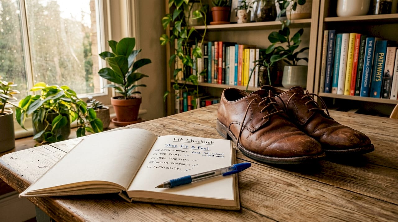 Close-up of shoe fit checklist with shoes
