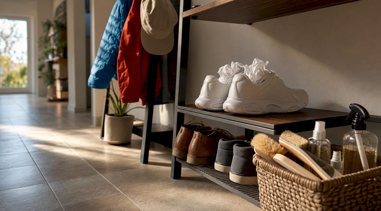 Neatly stored clean athletic shoes at home