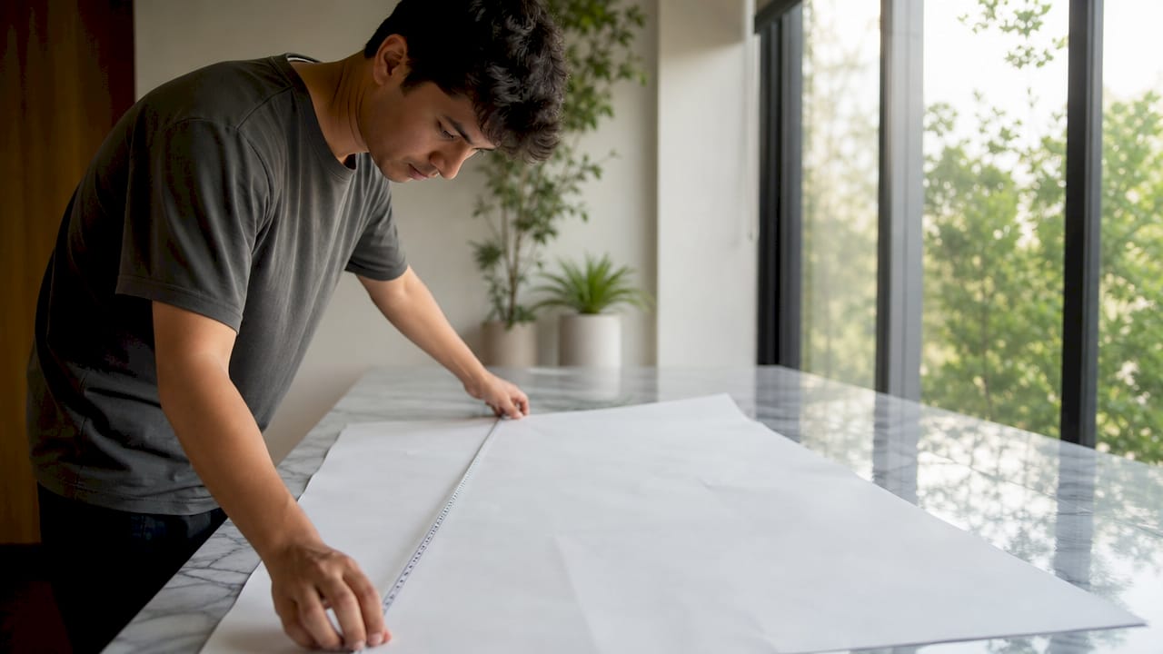 Hands measuring paper width with tape measure