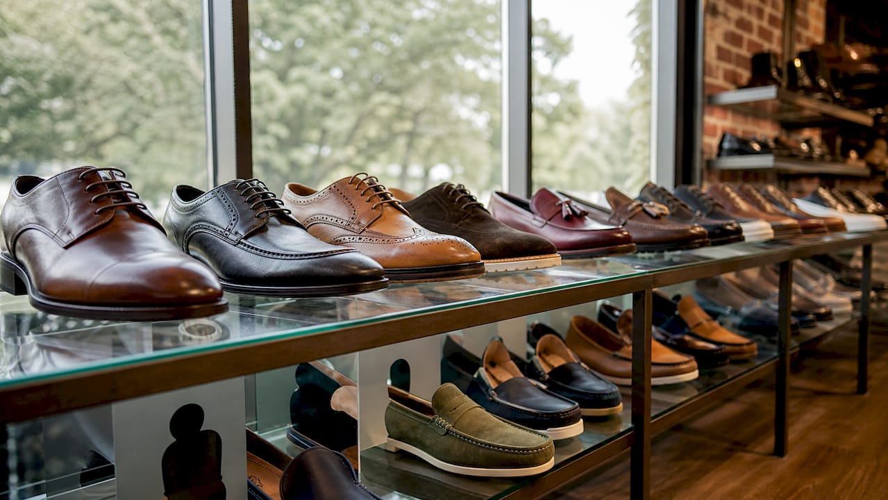 Assorted shoes with width size labels displayed