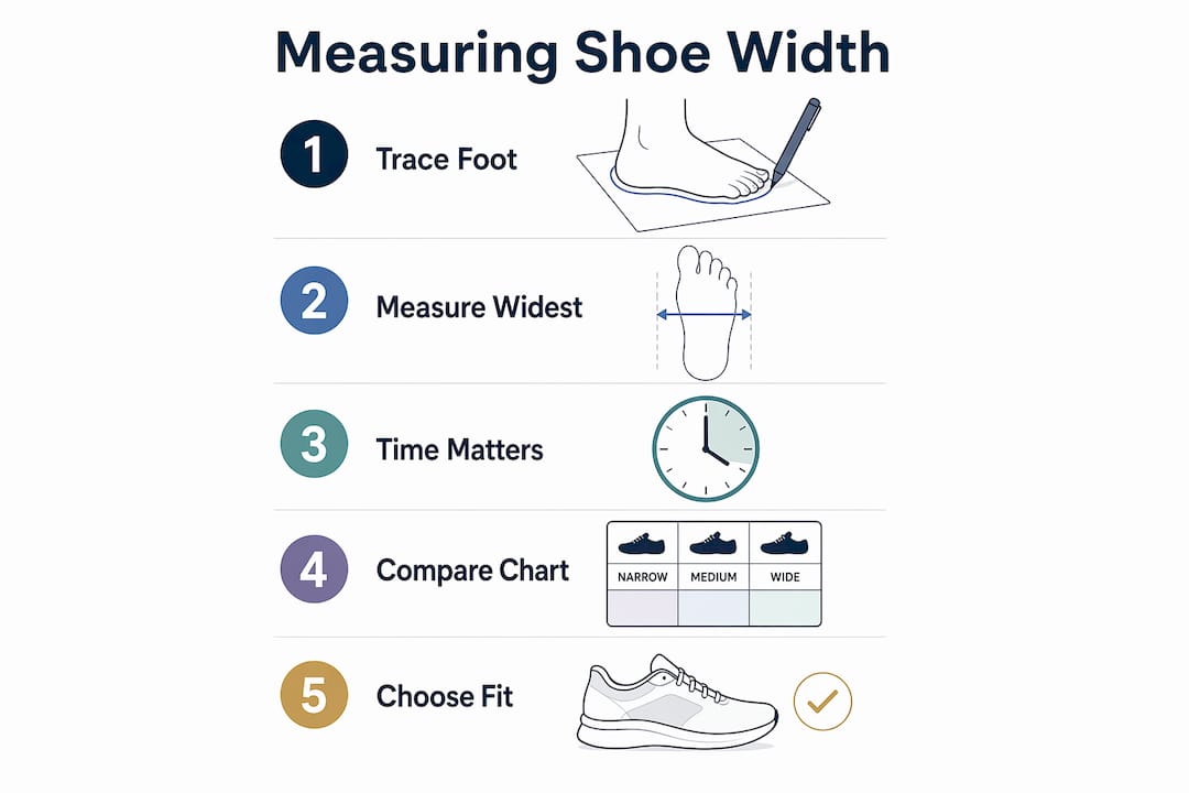 Infographic illustrating steps to measure shoe width