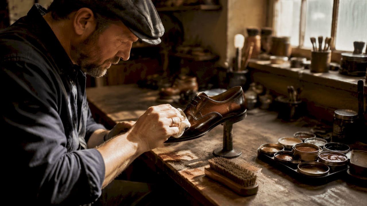 Shoe conditioning and polishing tools on workbench
