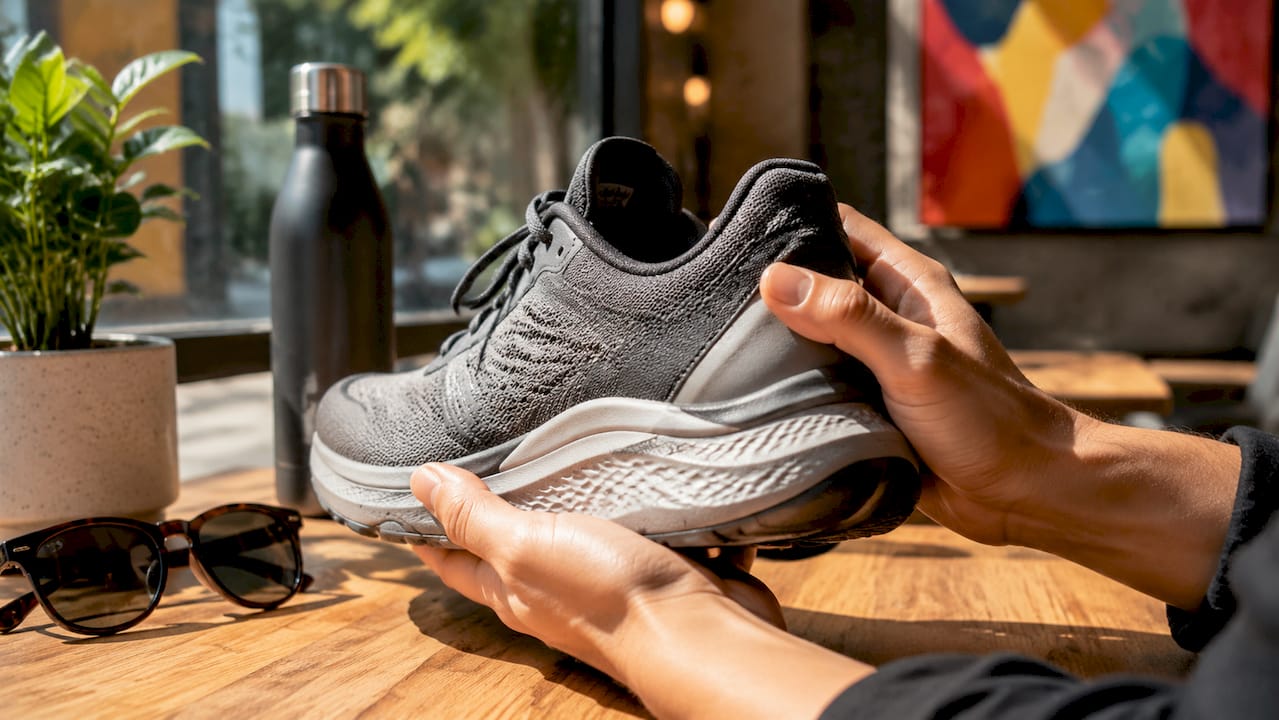 Close-up of hands examining ergonomic shoe features