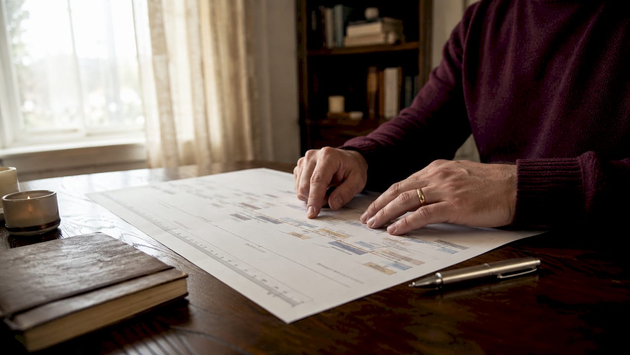 Close-up of hands pointing at injury claim timeline chart