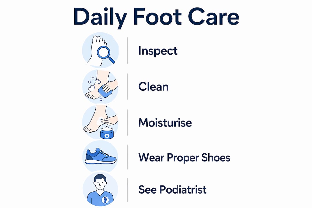 Infographic illustrating daily diabetic foot care steps
