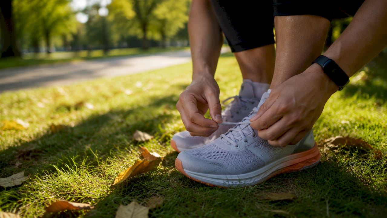 Hands unlacing new running shoes indoors