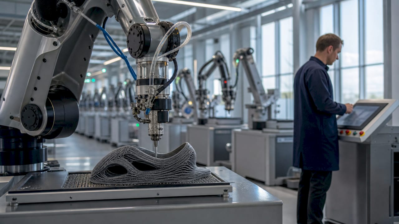 Robotic arm creating sneaker upper in automated factory