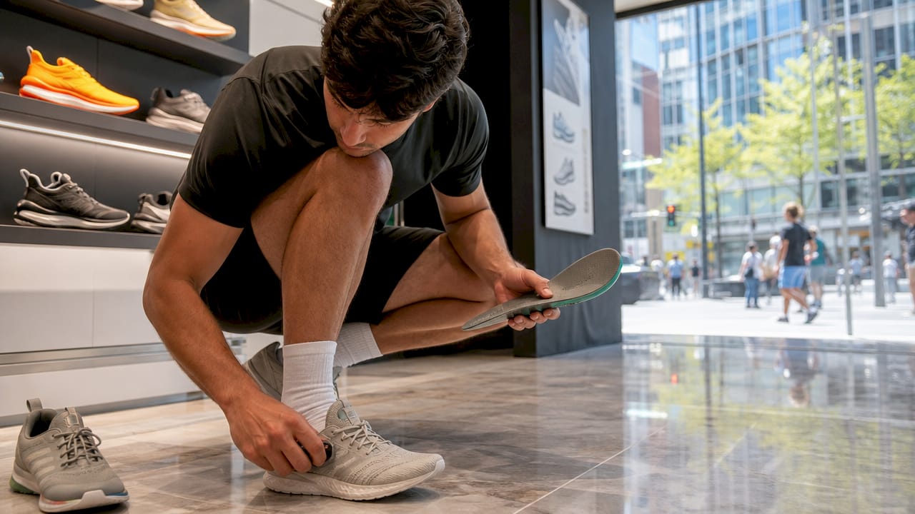 Runner trying semi-rigid insoles in shoe store